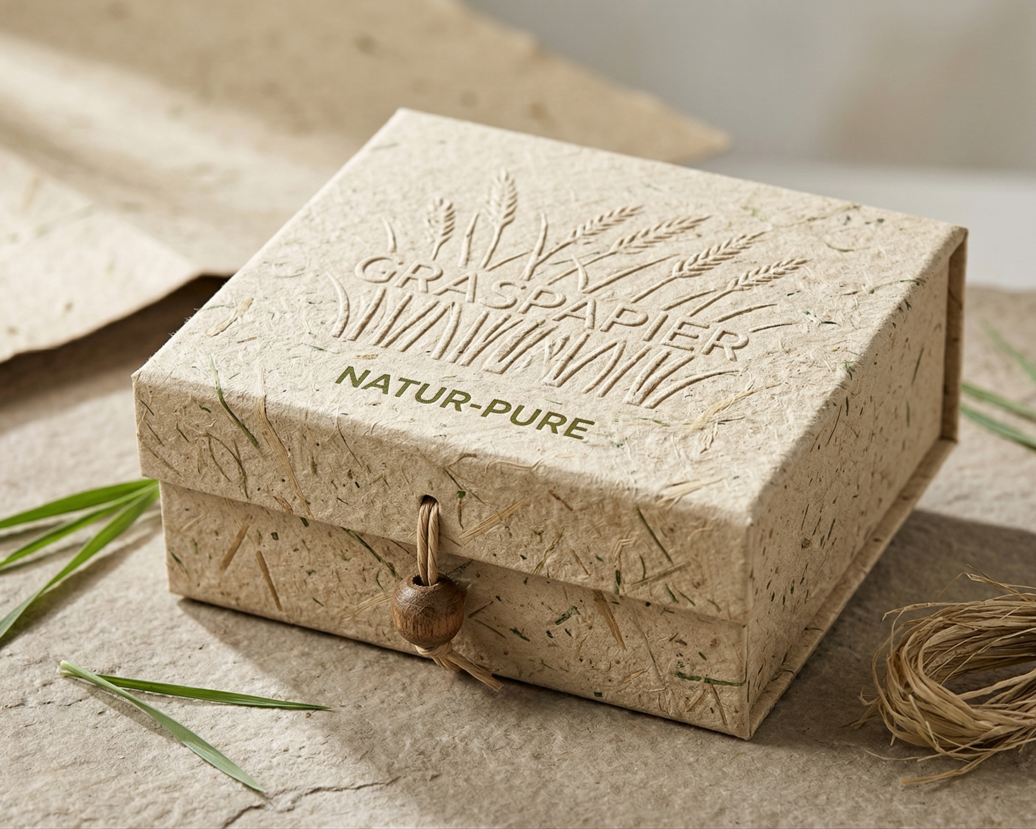 hochwertige Faltbox aus geprägtem Graspapier
