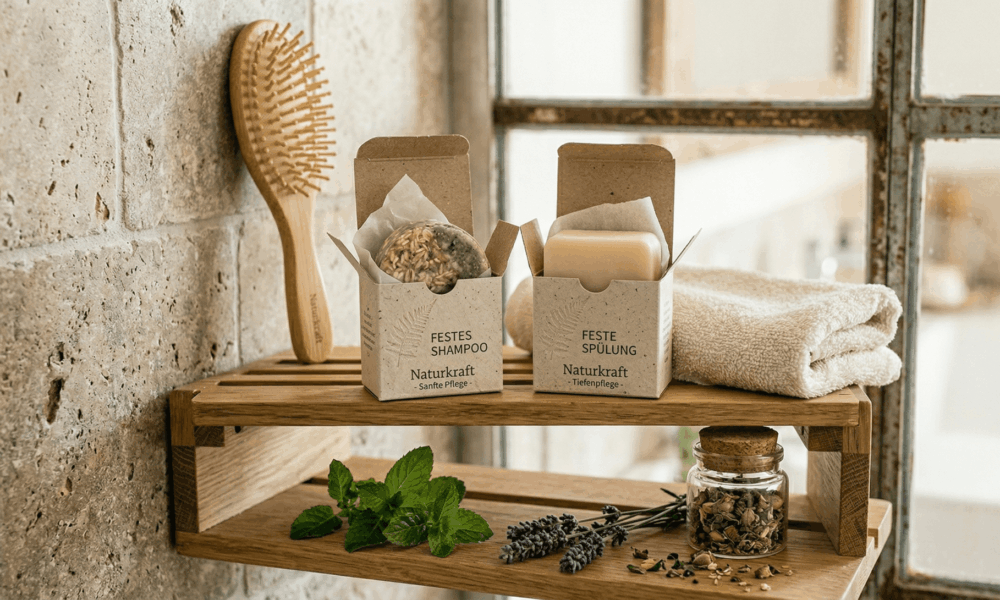 zwei Faltschachteln mit Seifen auf Holzregal