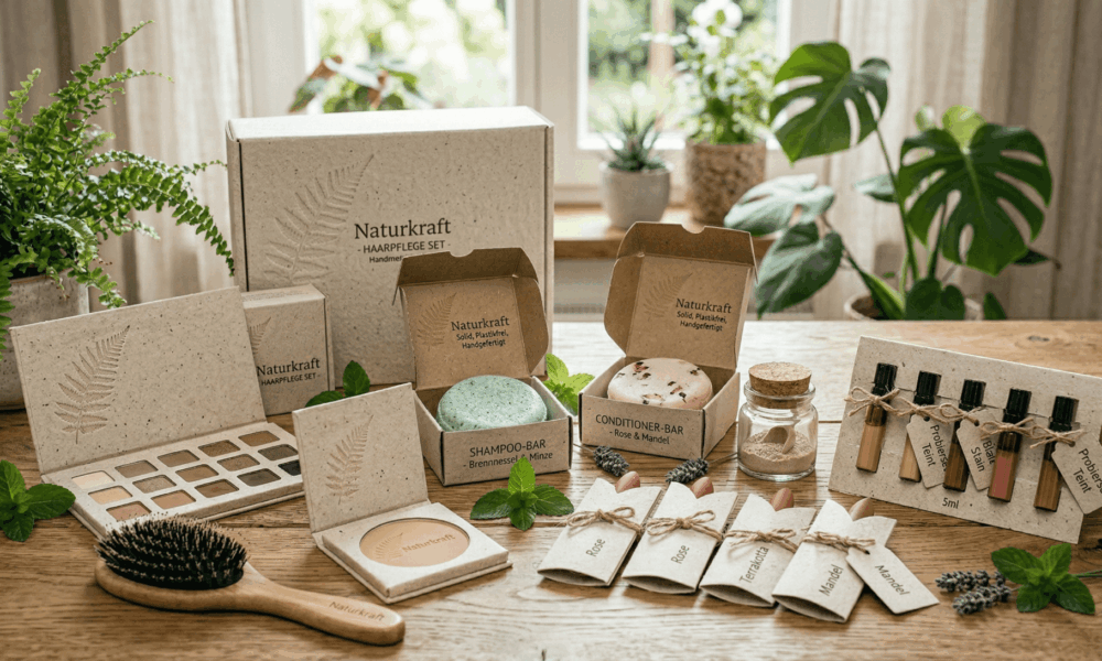 Kosmetikprodukte in unterschiedlichen Verpackungen aus Graspapier