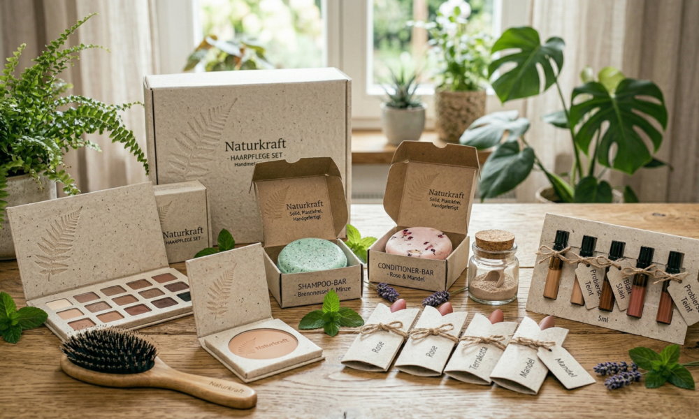 Kosmetikprodukte in unterschiedlichen Verpackungen aus Graspapier