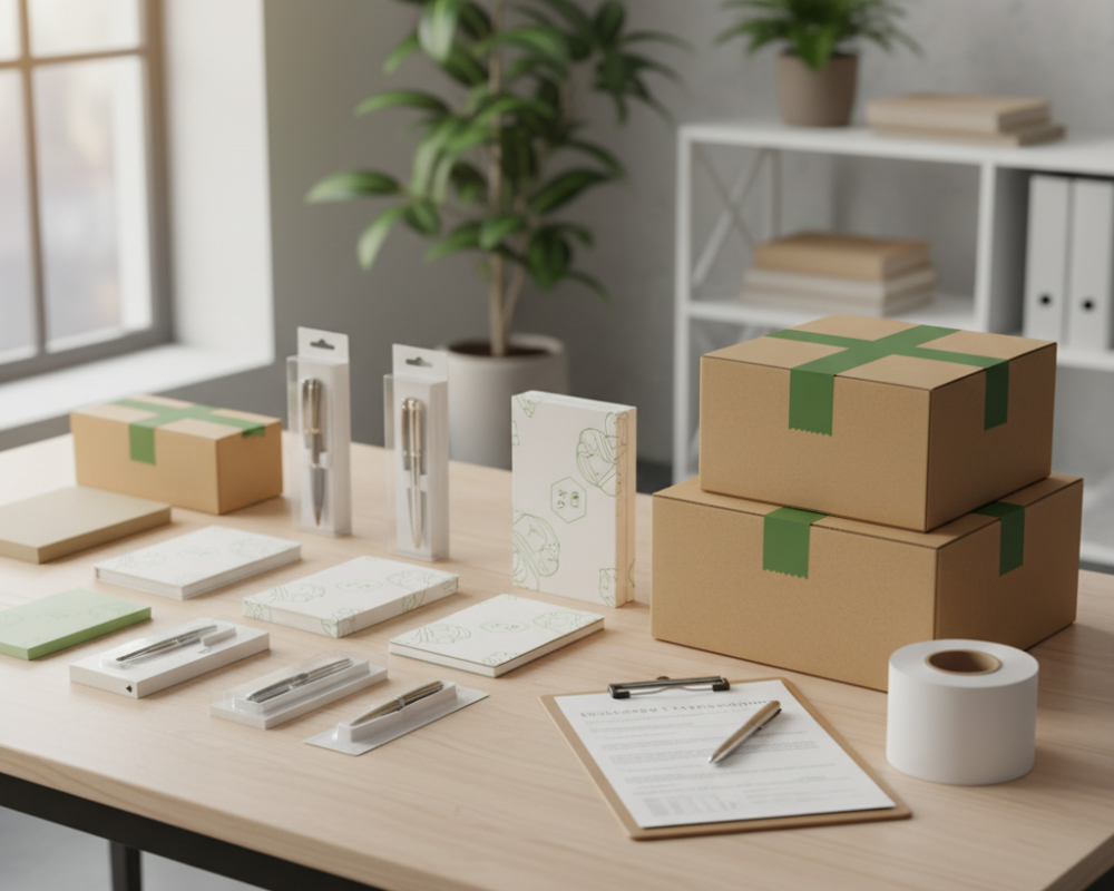 Arrangierter Packtisch mit Karton, Produkten und Bestellliste