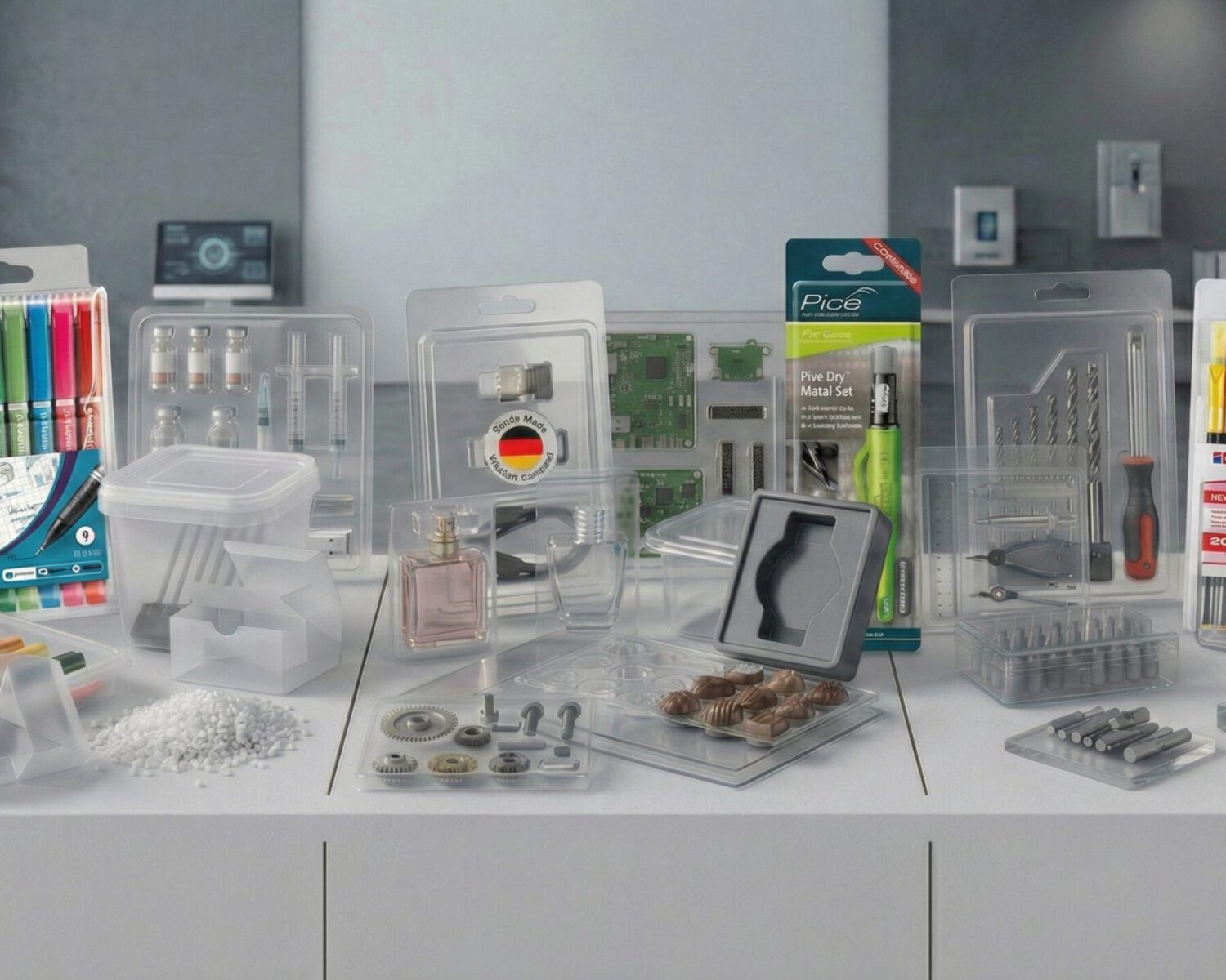 Aufreihung verschiedener Kunststoffverpackungen