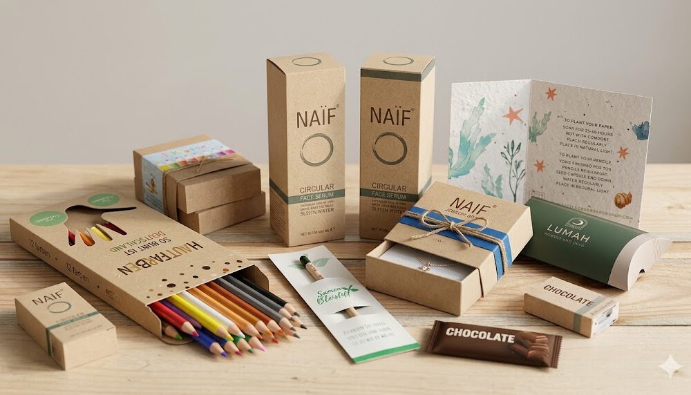 Unterschiedliche Verpackungsformen aufgereiht