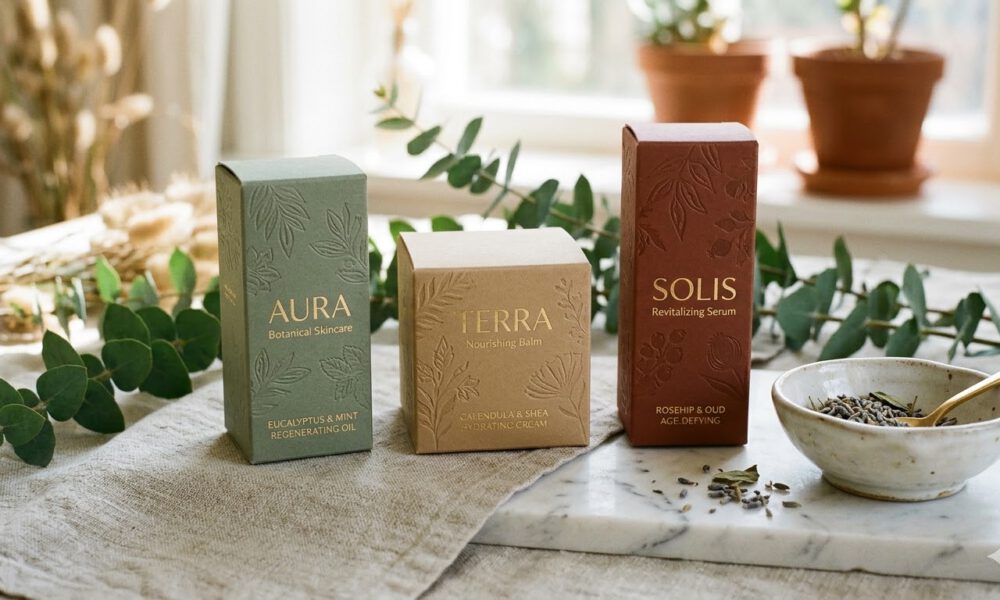 drei Kostmetikschachten hochkant aufgereiht