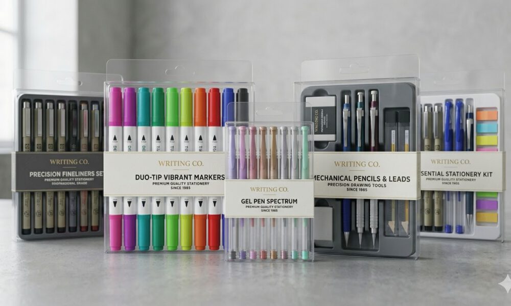 transparente Stifteboxen hochkant aufgereiht