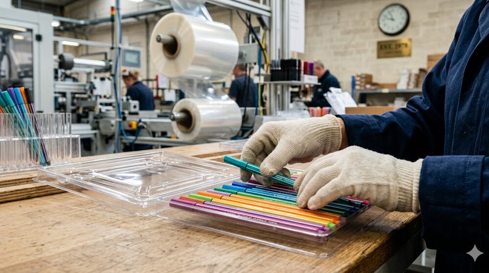 Mitarbeiter mit Handschuhen sortiert Stifte in Verpackung