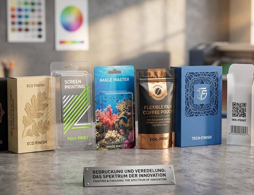 Aufreihung verschiedener Verpackungen aus Karton und Kunststoff mit Bedruckungen