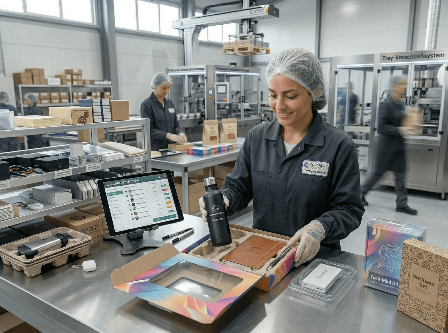 Frau verpackt Flasche im Karton