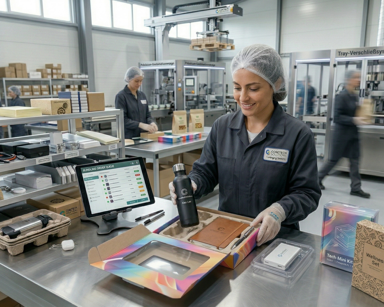 Frau verpackt Flasche im Karton