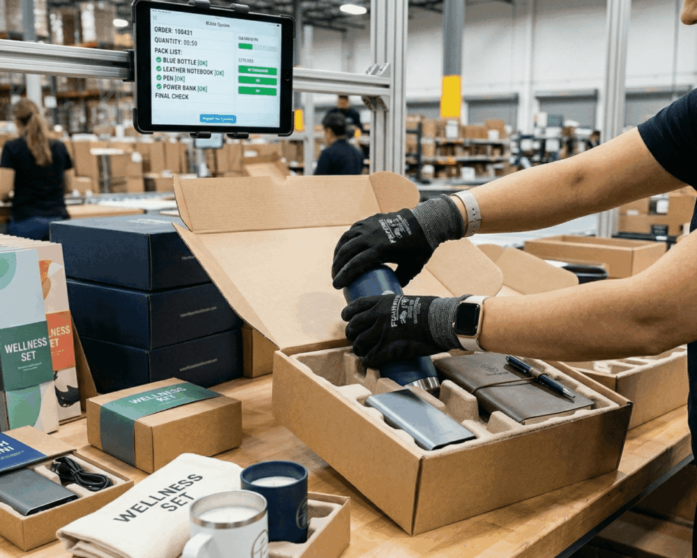 Mann konfektioniert Bestellung im Karton