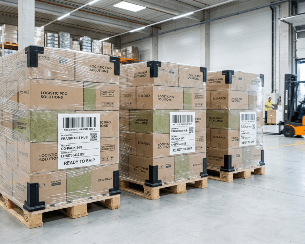 drei konfektionierte versandfertige Paletten